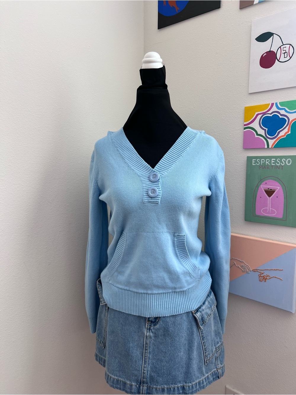 Vintage Y2K Bass Baby Blue Knit Hoodie Sweater – Preppy Cotton Pullover – Size S